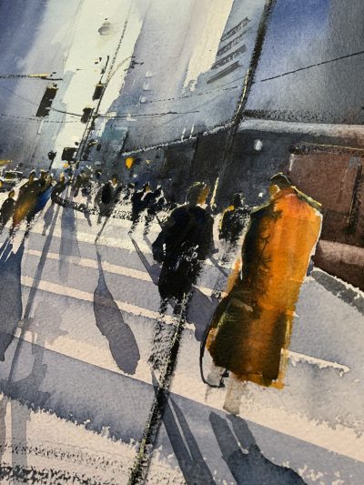 a close-up to watercolor panting Shadows in The City by Maria Zinca